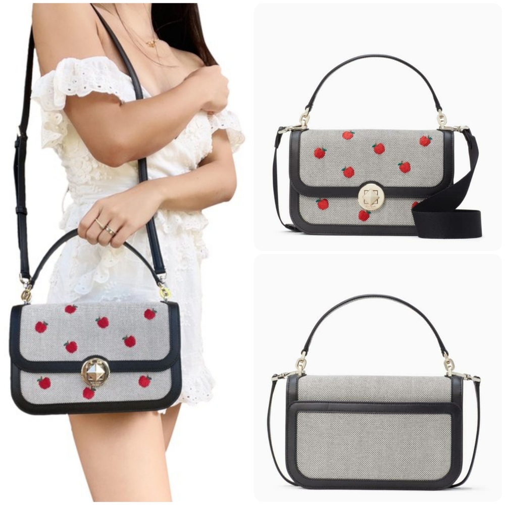 🆕️Kate Spade Audrey Apple Flap Crossbody Bag Grey Black Red Apple Prints